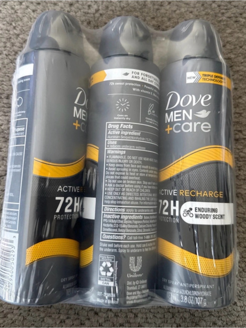 Dove Men+Care Active Recharge Antiperspirant Spray - Gray & Yellow (3-Pack)